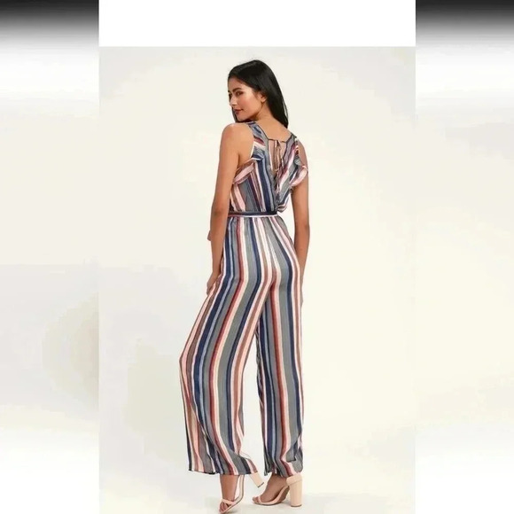 Lulu's Divine Time Blue and Grey Multi Striped Wide-Leg Jumpsuit - Picture 2 of 7